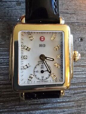 Michele Gold Tone Deco Diamond-Accent Watch w/Black Leather Strap. Like New.